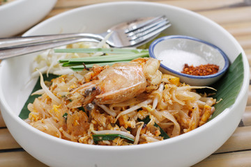 Pad Thai with fresh prawns in the restaurant