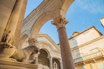 Croatia, peristyle inside Diocletian Palace in the old town of Split, statues of stone lions and...