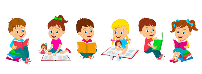 kids,boys and girls  read  books collection, illustration, vector