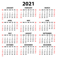 Calendar for 2021 year in English in simple style on a white background. Week starts on Sunday. Vector illustration