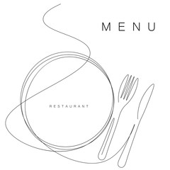 Menu restaurant fork and knife one line drawing. Vector illustration