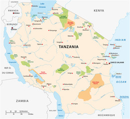 National park vector map of the East African state of Tanzania - obrazy, fototapety, plakaty