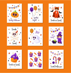 Halloween cartoon greeting card or nursery poster set - pumpkin lantern, kids in carnival costumes, magic creatures, ghost, skull, sweets, copy space for your text, pre-made vector template for print