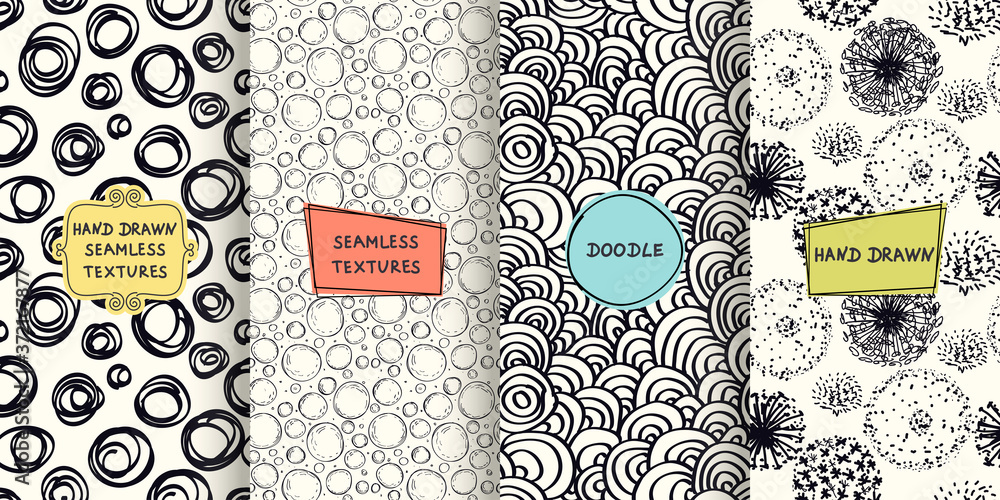Poster set of seamless hand drawn texture designs for backgrounds, business cards, web design. doodle patte