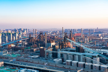 Beijing Shijingshan District overlooks Shougang Industrial Park at sunset.Standing on the top of...