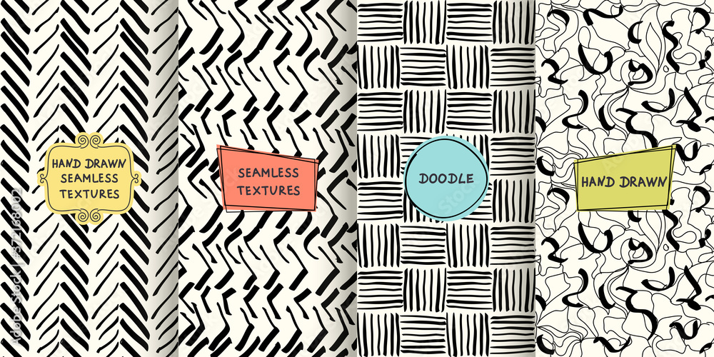 Poster set of seamless hand drawn texture designs for backgrounds, business cards, web design. doodle patte