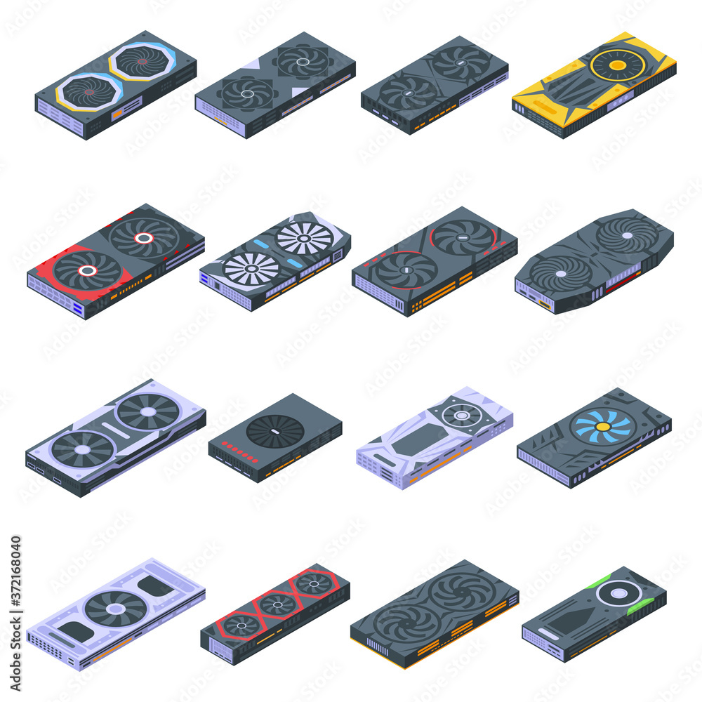 Poster graphics card icons set. isometric set of graphics card vector icons for web design isolated on whit