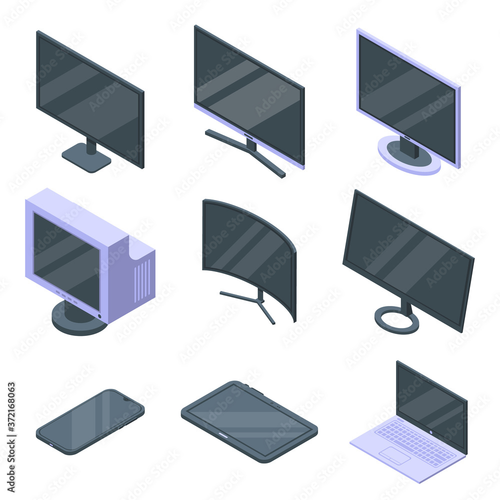 Poster monitor icons set. isometric set of monitor vector icons for web design isolated on white background