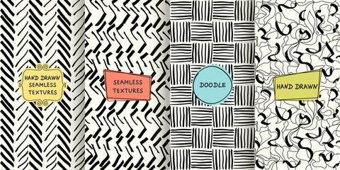 Set of seamless hand drawn texture designs for backgrounds, business cards, web design. Doodle pattern with trendy modern colorful labels. vector illustration 