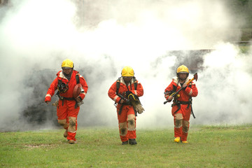 Three firefighters were walking out of the smoke from the fire. Straight ahead.