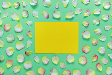 Beautiful rectangular pattern of pink and yellow rose petals and leaves on green paper background. Copy space for your text.