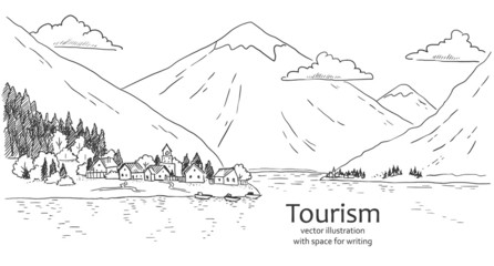vector sketch of a village on the background of a lake and mountains. landscape with houses on the background of nature. lake, forest, mountains and houses. hand drawn illustration