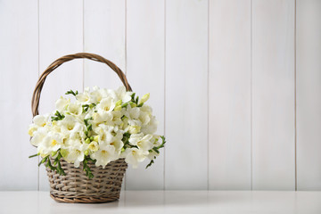 Fototapeta na wymiar Beautiful freesia flowers in basket on white table. Space for text