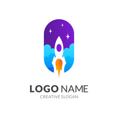 rocket and sky logo template, modern 3d logo style in gradient vibrant colors