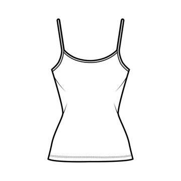 Cotton-jersey camisole technical fashion illustration with scoop neck, fitted body, tunic length. Flat outwear basic tank apparel template front, white color. Women men unisex shirt top CAD mockup