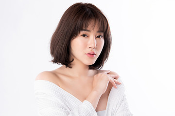 Fototapeta premium Beautiful Young asian Woman with Clean Fresh Skin, on white background, Face care, Facial treatment, Cosmetology, beauty and spa, Asian women portrait