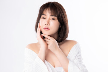 Fototapeta premium Beautiful Young asian Woman with Clean Fresh Skin, on white background, Face care, Facial treatment, Cosmetology, beauty and spa, Asian women portrait