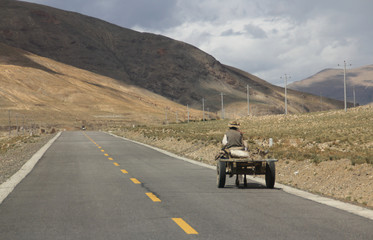 Tibetan farmer ride the donkey car on the road running through mountains in Tibet, China