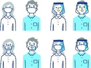 マスク・マウスシールド・フェースシールドをつけている男女