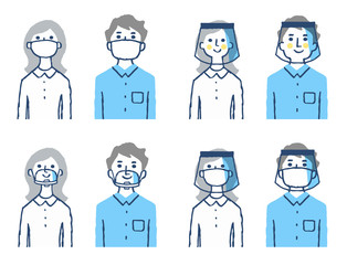 マスク・マウスシールド・フェースシールドをつけている男女