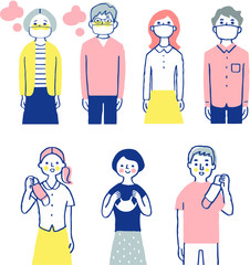 マスクをする人々　マスクを外す人々