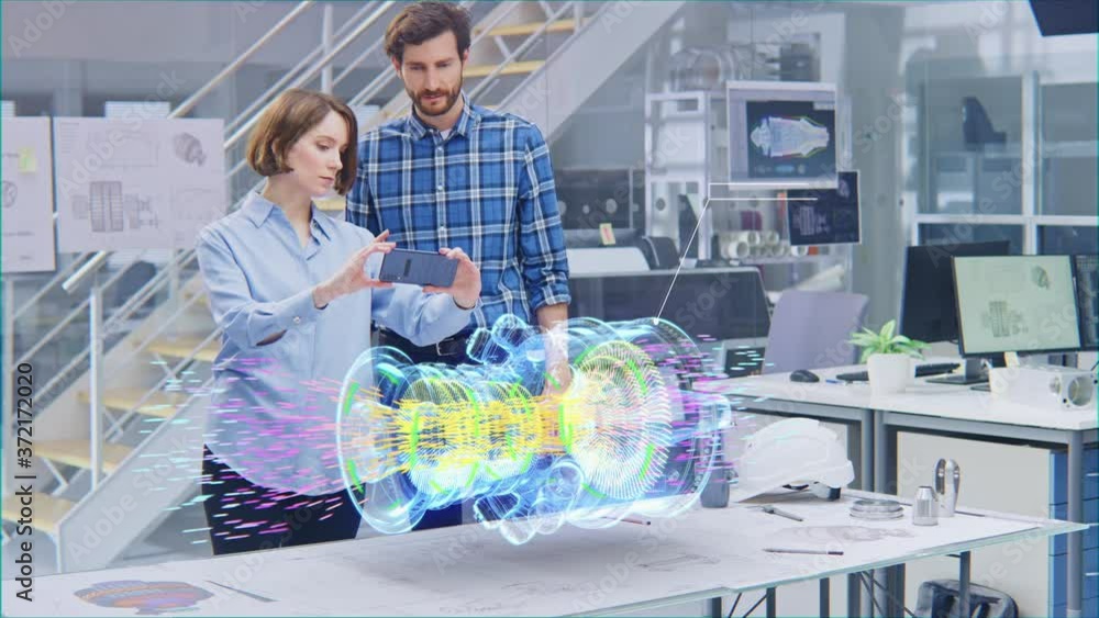 Poster engineering facility: female designer with chief engineer use smartphone with augmented reality app 