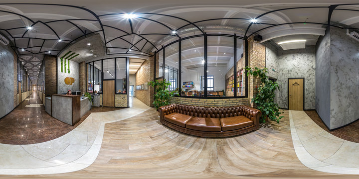MINSK, BELARUS - JULY 2020: full seamless spherical hdri panorama 360 degrees angle view in interior of stylish reception in a modern office in equirectangular projection, VR content