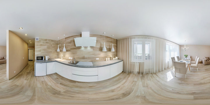 full seamless spherical hdri panorama 360 degrees angle view in interior of kitchen in modern flat apartments in equirectangular projection, VR content