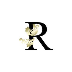 initial letter R luxury overlapping ornament gold color