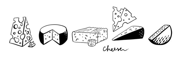 Vector set of cheese isolated on a white background. Hand drawn cheese outline vector illustration. Cheese sketch.