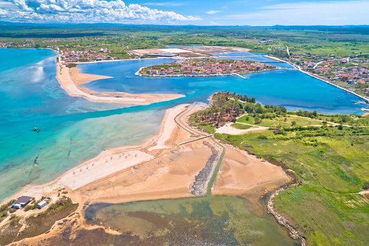 Queen's beach sandbar and town of Nin aerial view