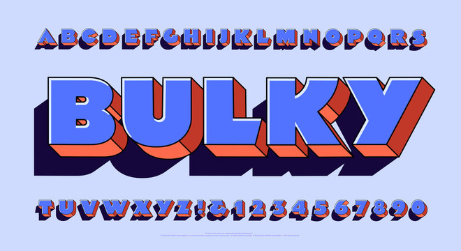 An Ultra Fat and Bulky Alphabet. This Font is Extra Bold and Has 3d Depth Effects and a Dark Cast Shadow. Stylish Hipster Letters with Harmonized Colors in Violets and Pastel Orange Hues and Shades.