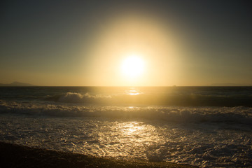Greek beaches at sunset. Rhodes island. Summer vacation. Euro-trip.