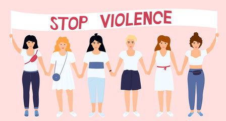 Fototapeta premium A young women hold a poster with text Stop Violence. Girls defends the interests of feminism and protects the rights of victims