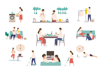 Fototapeta premium Stay at home concept. Vector illustration of a couple relaxing in their room.
