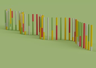 3d render illustration of a row of colorful sticks or markers, remember of dna or a chart. 