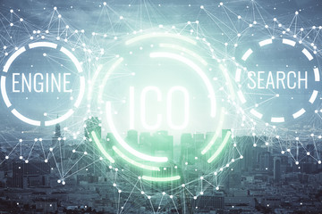 Double exposure of crypto currency theme hologram drawing and city veiw background. Concept of...