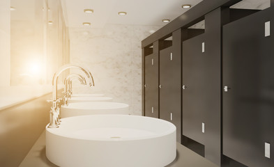Public female restroom. 3D rendering.. Sunset.