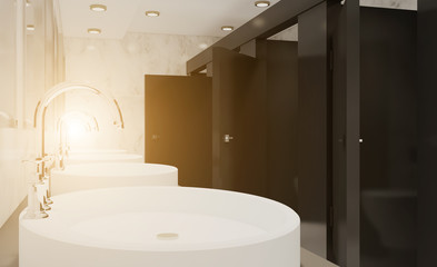 Clean public toilet room empty with wooden partition. 3D rendering.. Sunset.