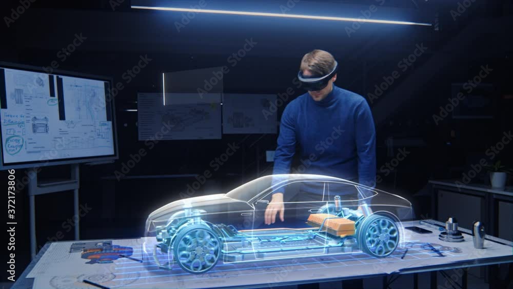 Poster automotive engineer wearing virtual reality headset working on 3d electric car design, using gesture