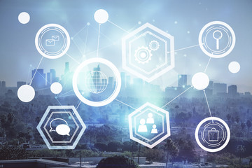 Double exposure of social network theme drawing and cityscape background. Concept of people connecton.