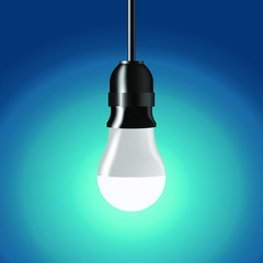 energy saving light blub with wire holder hanging on the wall with blue background vector illustrations