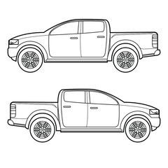 outline drawing left and right side of modern 4 wheels drive 4 doors offroad pickup truck automobile car vector illustrations © lekchangply