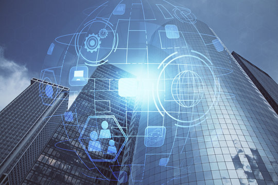 Double exposure of social network theme drawing and cityscape background. Concept of people connecton.