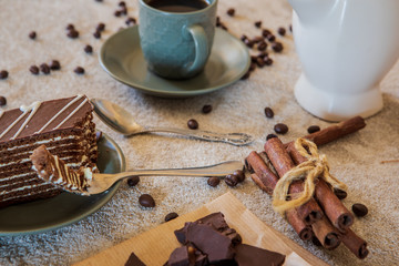 composition of coffee, milk and chocolate cake