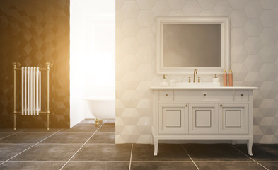 Modern bathroom with large window. Sunset.  Empty picture. 3D rendering.. Sunset.