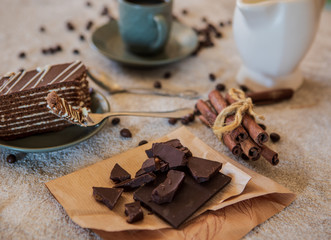 composition of coffee, milk and chocolate cake