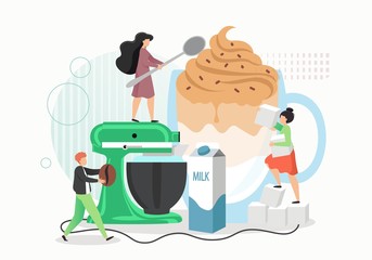 Tiny people making dalgona coffee drink, vector flat illustration