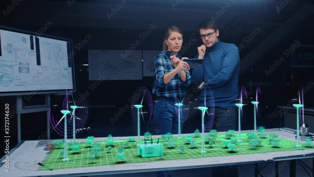Poster renewable energy engineers design 3d wind turbine park using augmented reality hologram and smartpho