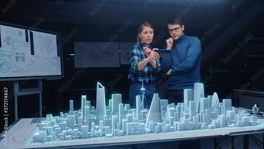 Poster architect and engineer have discussion, use augmented reality smartphone to design sustainable 3d me